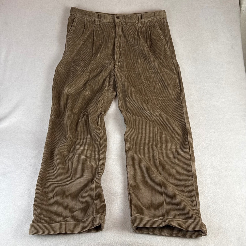 St Johns Bay Mens 38x29 Corduroy Pants Khaki Tan Wide Wale Pleated Straight Leg
